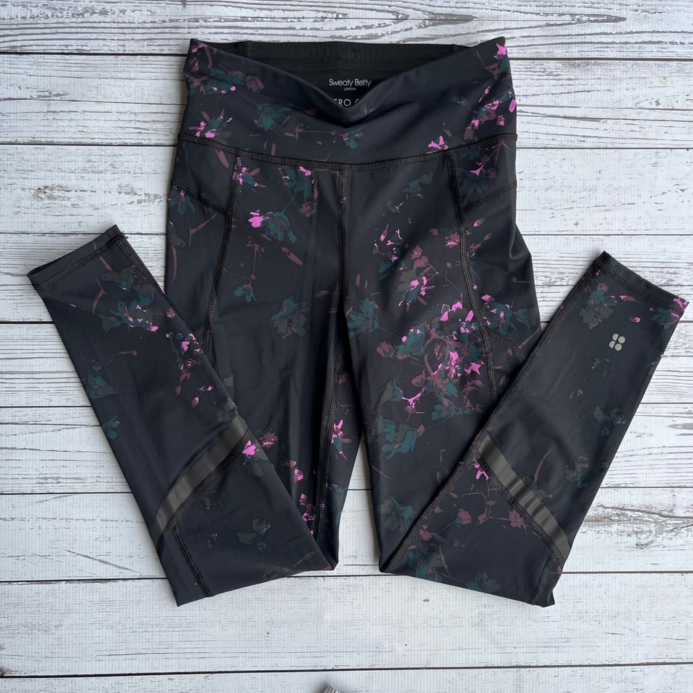 Sweaty Betty Zero Gravity Running Leggings XS Black Floral Yoga Pilates Gym